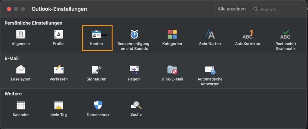 Das Outlook Einstellungsmenü auf Mac